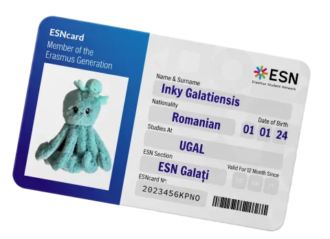 An Erasmus Student Network (ESN) membership card issued to 'Inky Galațianu', the official mascot of ESN Galați. Instead of a person, the ID photo features Inky as a small, teal, crocheted octopus plushie. The card details list the nationality as Romanian, date of birth as 01 01 24, university as UGAL, and the ESN section as ESN Galați.
